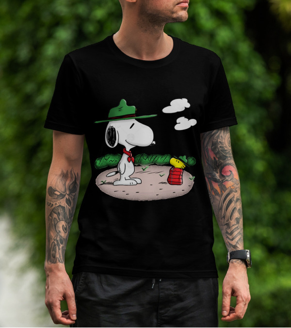 Snoopy Woodstock Camping Adventure With Green Hats And Red Scarf T-Shirt