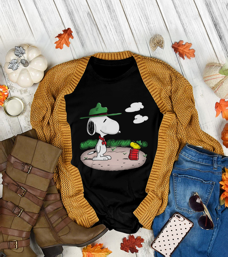 Snoopy Woodstock Camping Adventure with Green Hats and Red Scarf T-Shirt