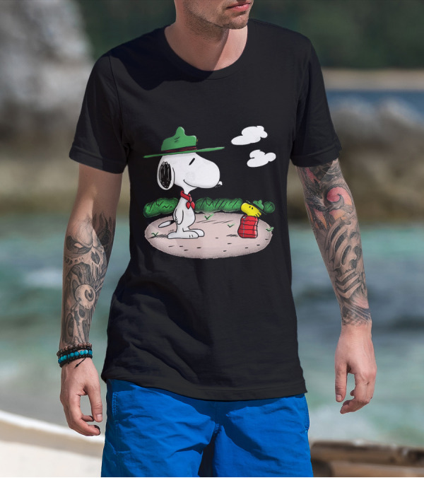 Snoopy Woodstock Camping Adventure With Green Hats And Red Scarf T-Shirt