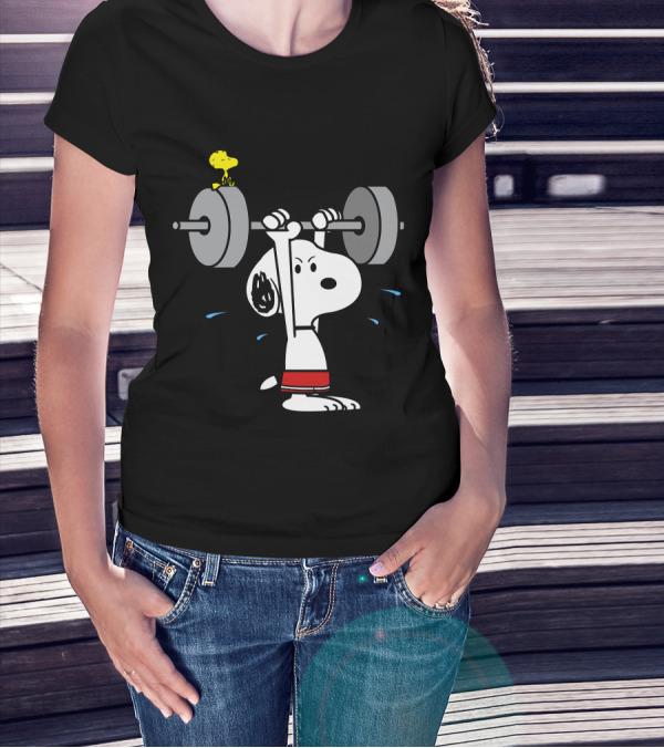 Snoopy Weightlifting With Woodstock On Barbell T-Shirt