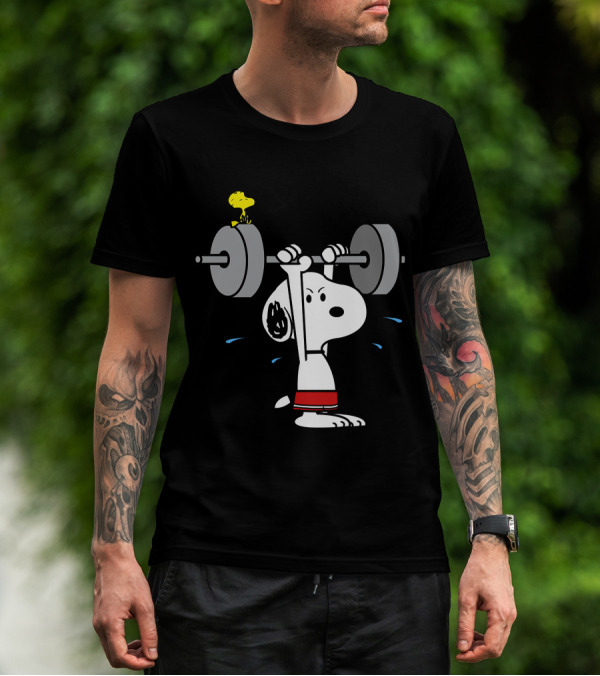 Snoopy Weightlifting With Woodstock On Barbell T-Shirt