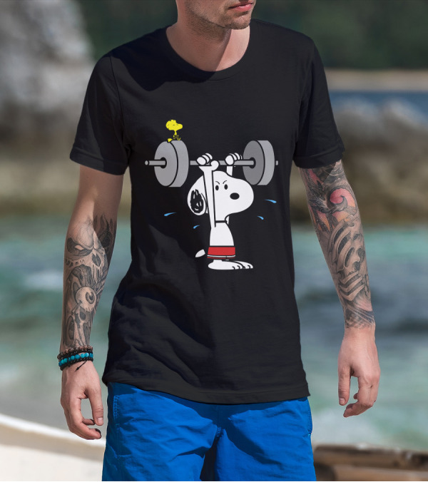 Snoopy Weightlifting With Woodstock On Barbell T-Shirt