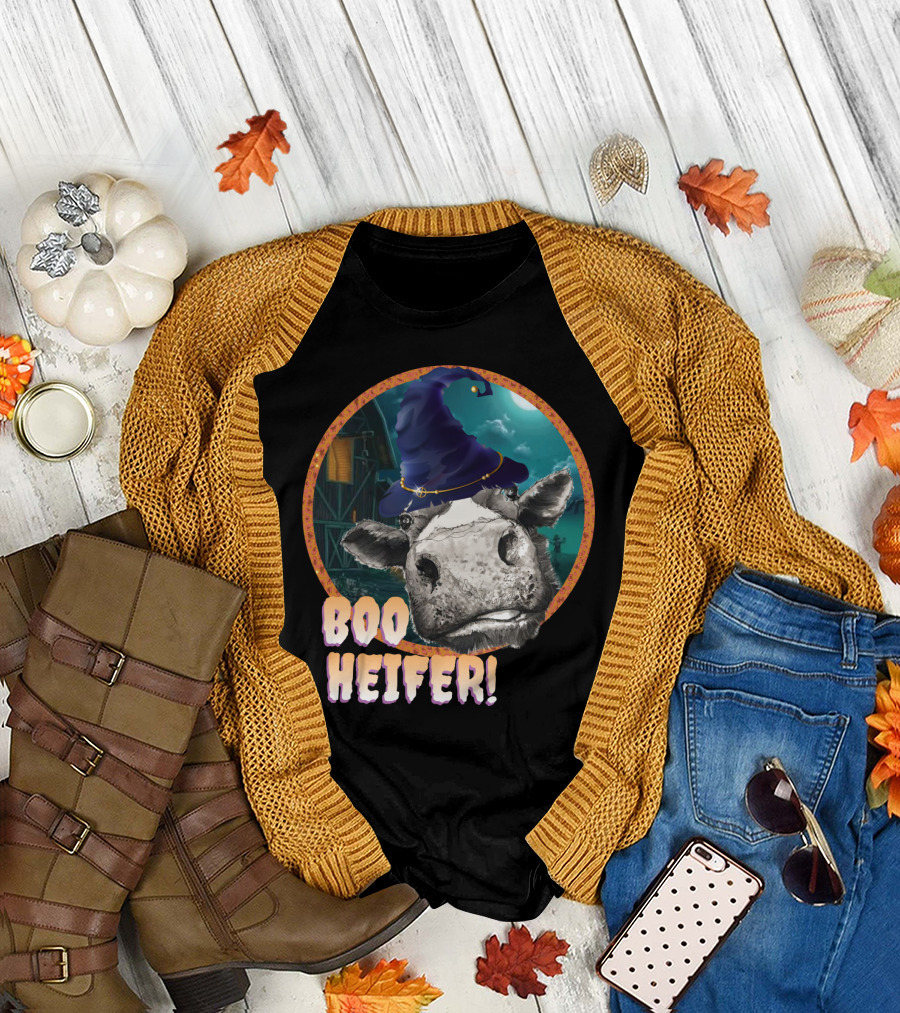 Boo Heifer Funny Halloween Cow Witch Farmer Lady with Hat and Farm Background T-Shirt