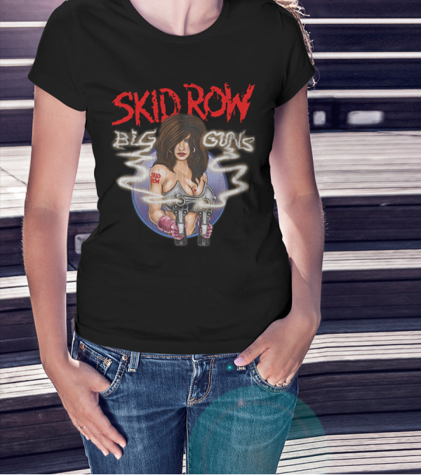 Skid Row Big Guns Heavy Metal Fan Art With Smoking Pistols Motif T-Shirt