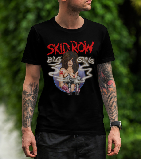 Skid Row Big Guns Heavy Metal Fan Art With Smoking Pistols Motif T-Shirt