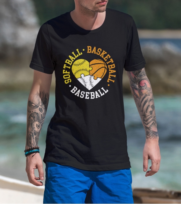 Softball Basketball Baseball Heart Puzzle T-Shirt
