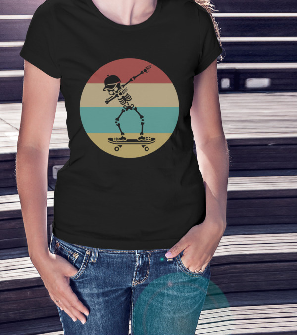 Dabbing Skeleton Skateboarder Retro Stripes Vintage Sunset T-Shirt