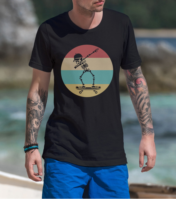 Dabbing Skeleton Skateboarder Retro Stripes Vintage Sunset T-Shirt