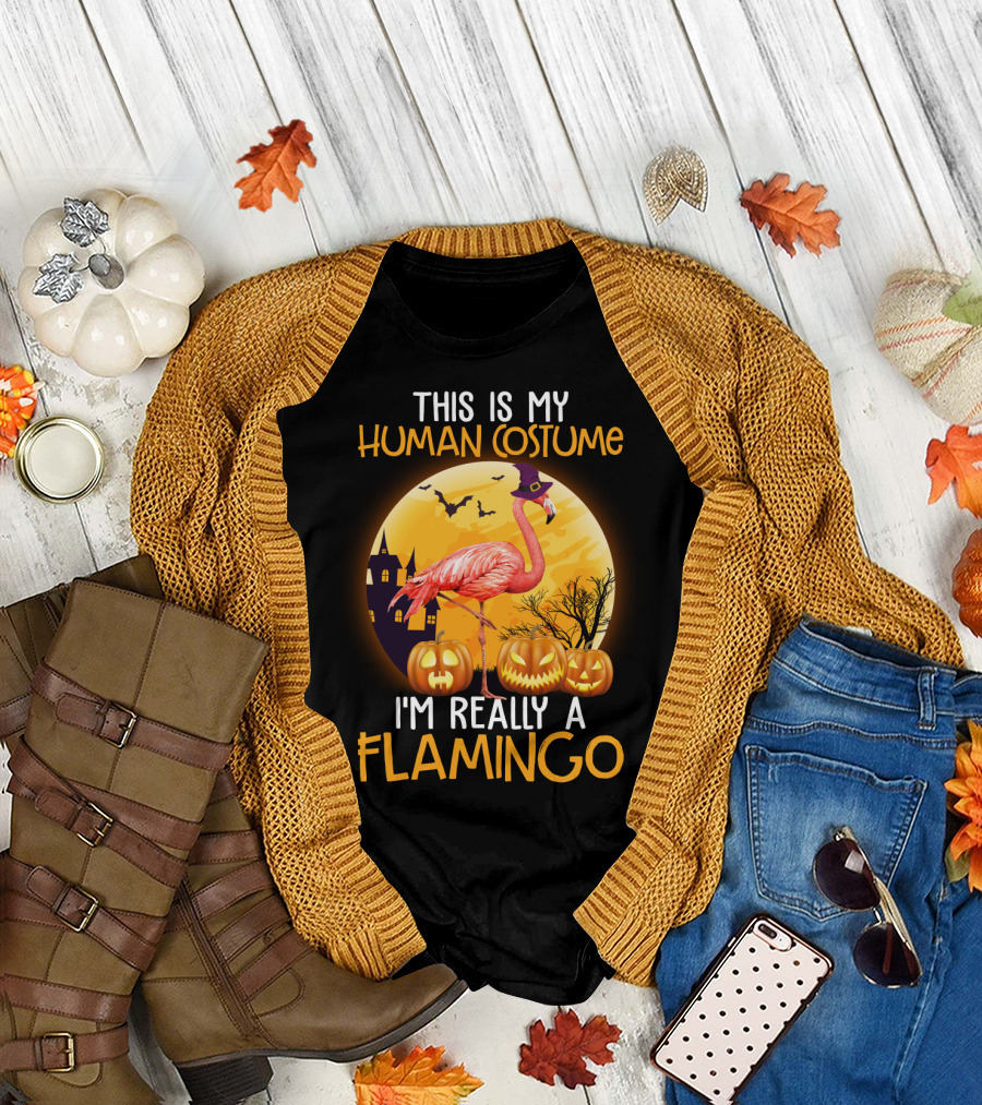 This Is My Human Costume I'm Really A Flamingo Halloween Witch with Pumpkins and Bats T-Shirt