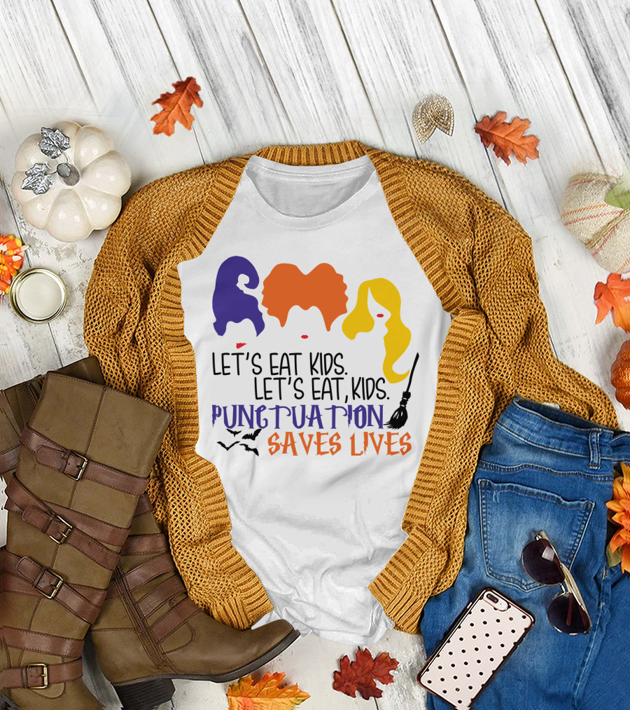 Let's Eat Kids Hocus Pocus Punctuation Saves Lives with Witch Silhouettes and Bats T-Shirt