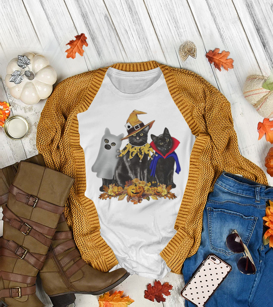 Black Cat Witch Boo Vampire Halloween with Pumpkins and Ghost Costume T-Shirt