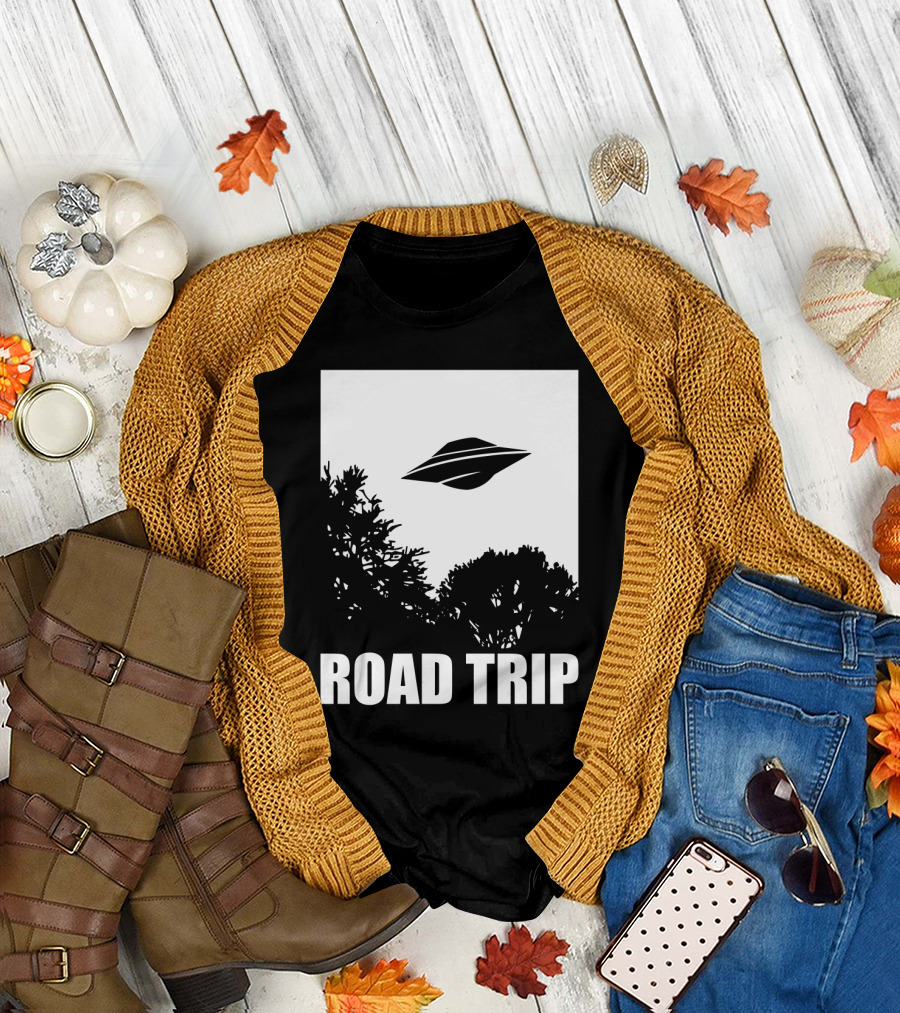 Road Trip UFO Flying Over Silhouette Trees T-Shirt