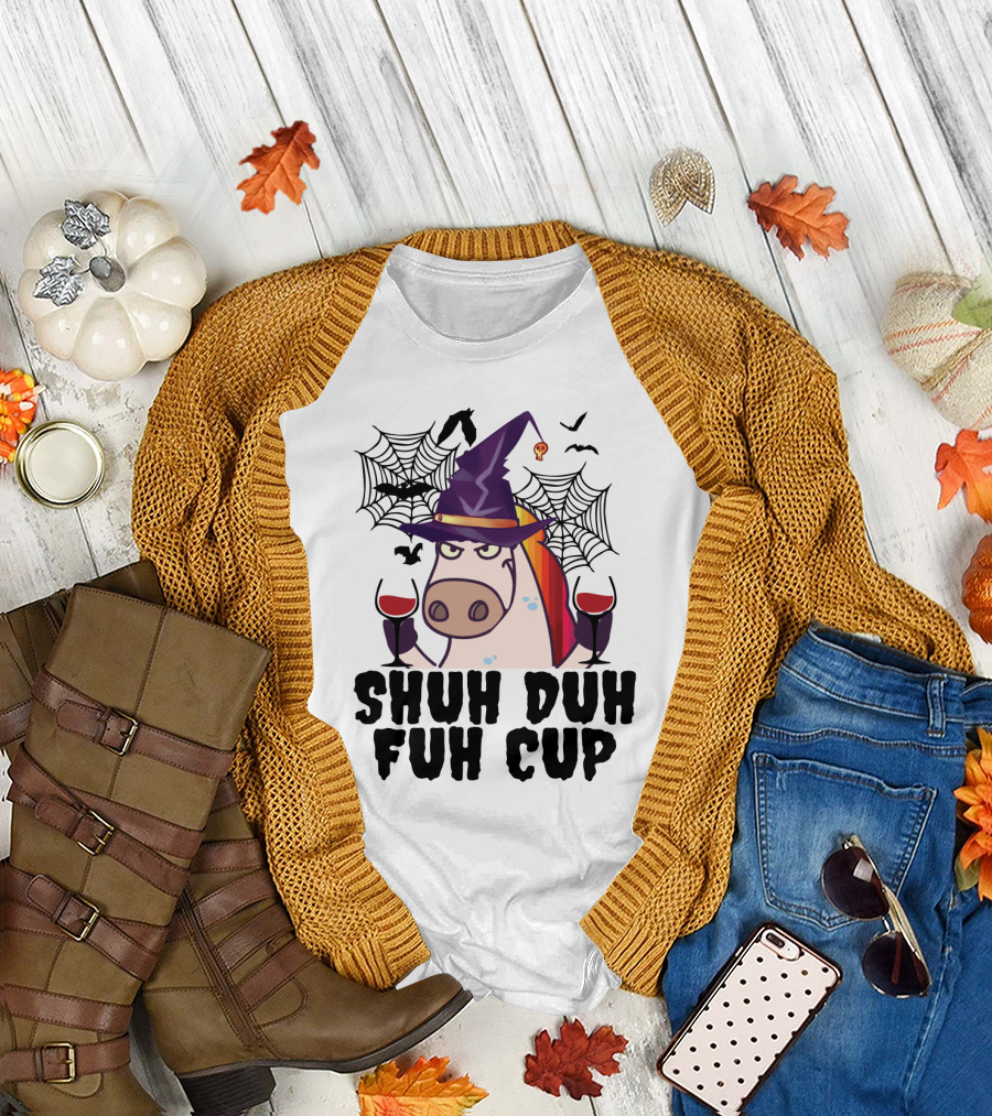 Shuh Duh Fuh Cup Unicorn Witch Halloween with Wine Spider Webs and Bats T-Shirt