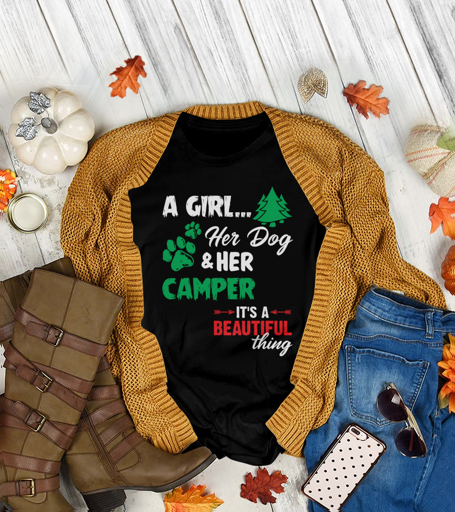 A Girl Her Dog and Her Camper with Paw Prints and Pine Tree It's A Beautiful Thing T-Shirt