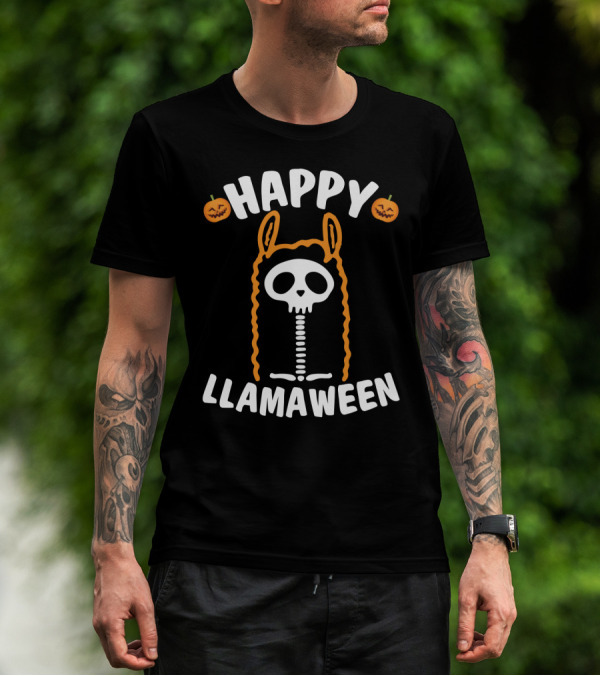 Happy Llamaween Skeleton Llama With Pumpkins And Festive Halloween T-Shirt