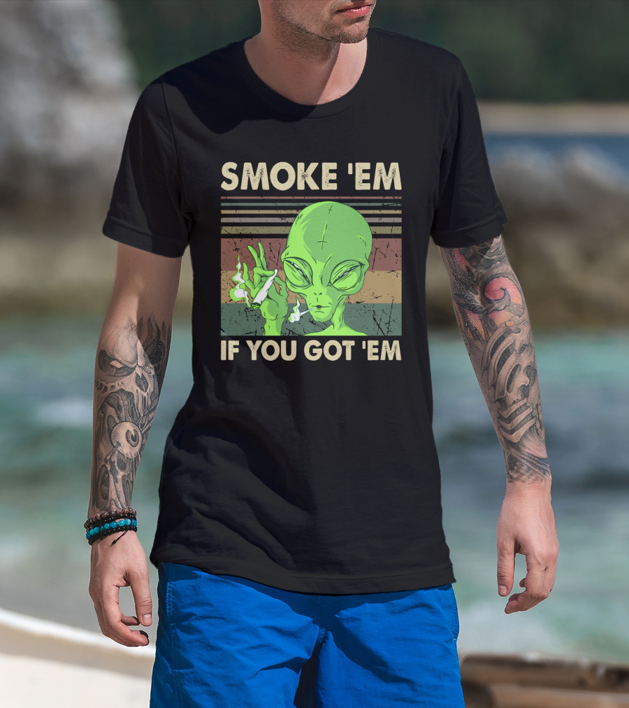 Smoke 'Em If You Got 'Em Green Alien Smoking With Retro Stripes T-Shirt