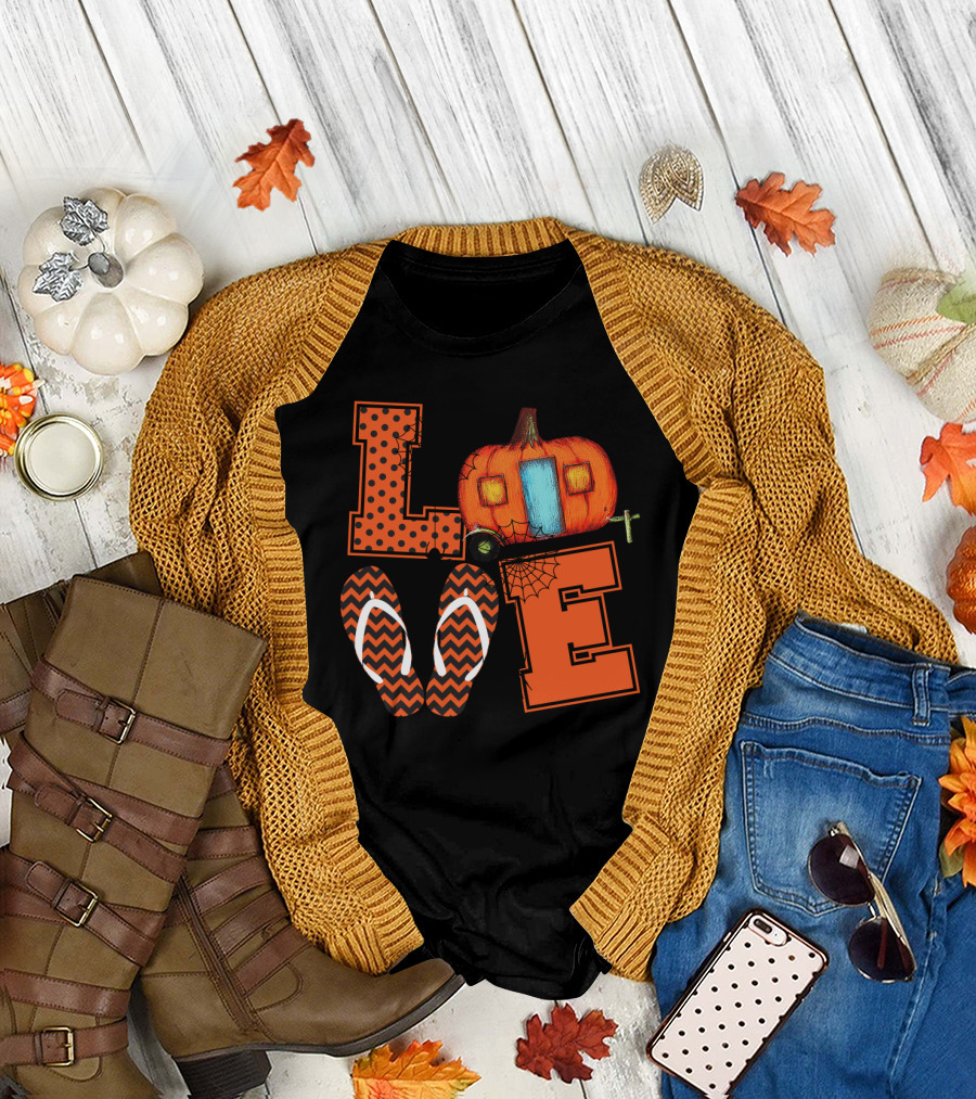 Love Halloween Camper with Pumpkin and Flip Flop T-Shirt