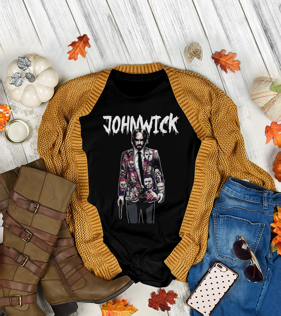 John Wick Horror Halloween Suit with Iconic Character Faces T-Shirt
