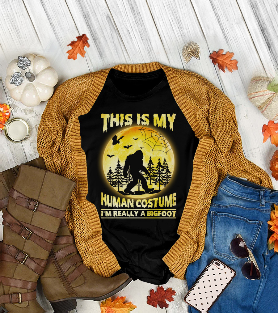 Bigfoot Silhouette in Moonlit Forest with Web and Bats - This is My Human Costume I'm Really a Bigfoot T-Shirt
