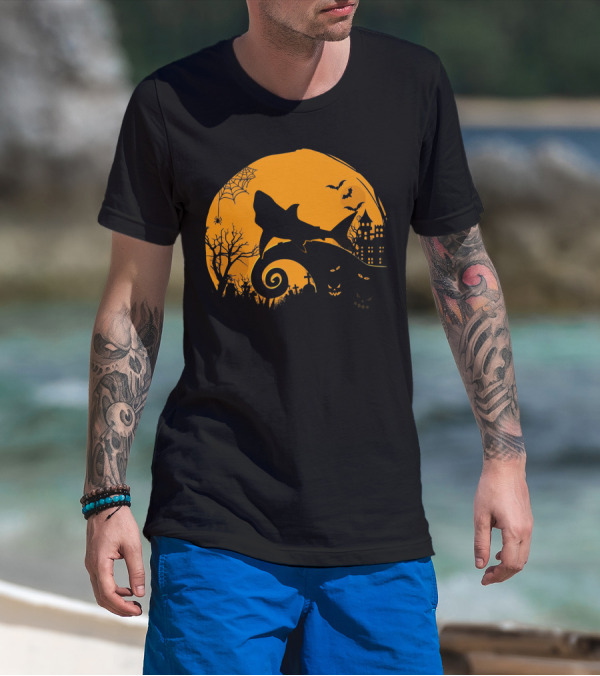 Halloween Shark King Parody In Spooky Nightmarish Setting With Haunted Graveyard Silhouette And Moonlit Spider Web T-Shirt