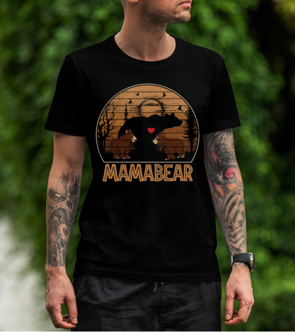 Mama Bear Vintage Sunset With Bears And Heart In Forest Scene T-Shirt