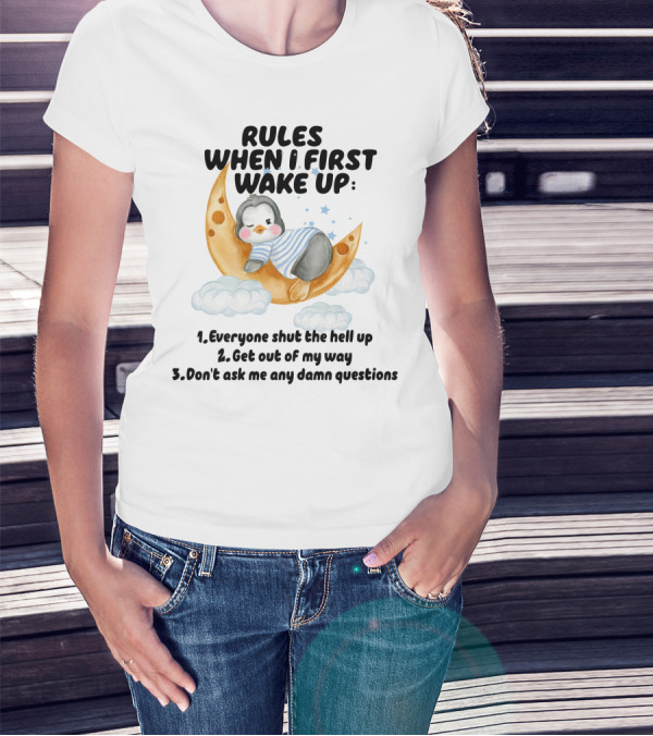 Rules When I First Wake Up Everyone Shut The Hell Up Get Out Of My Way Don't Ask Me Any Damn Questions T-Shirt