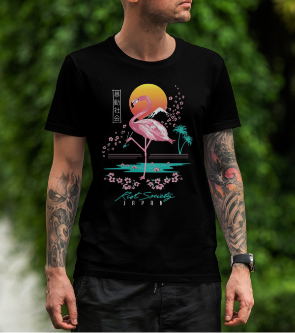 Riot Society Japan Flamingo Blossom Sakura Sunset T-Shirt