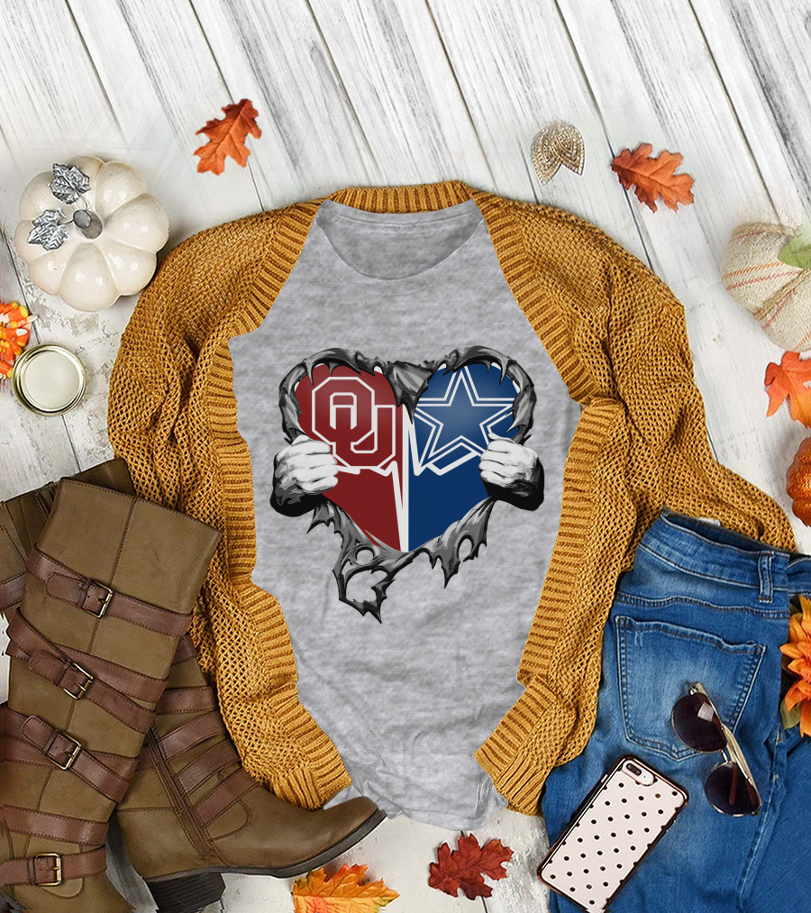 Cowboys and Sooners Heart Oklahoma and Dallas Fans T-Shirt