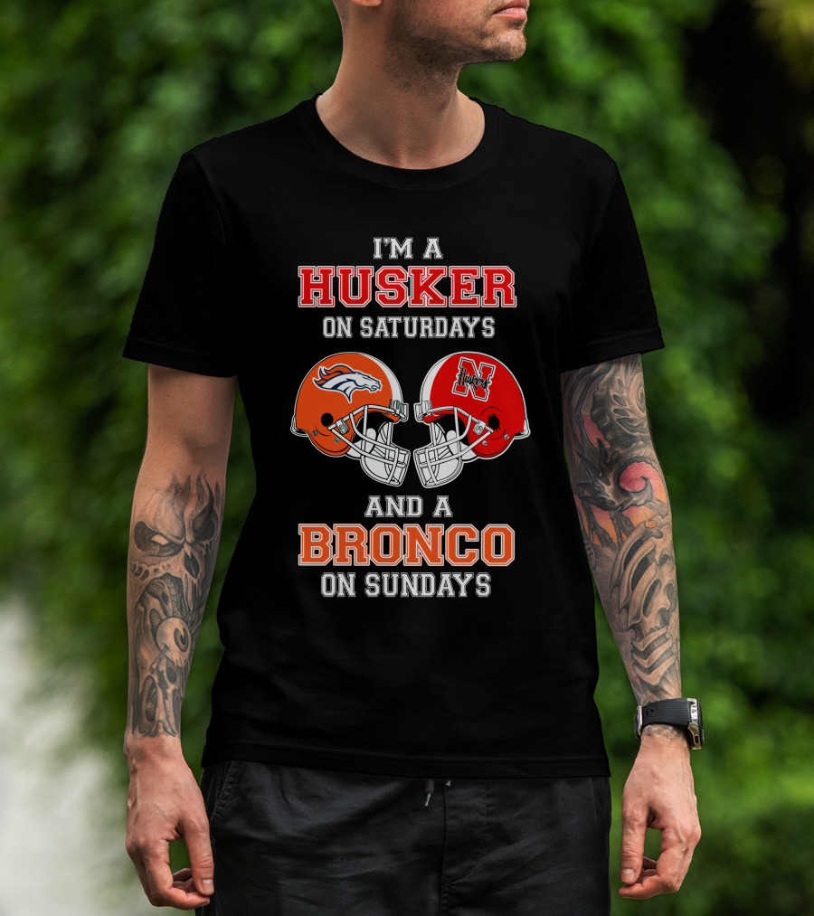 Husker On Saturdays And Bronco On Sundays Football Helmets T-Shirt