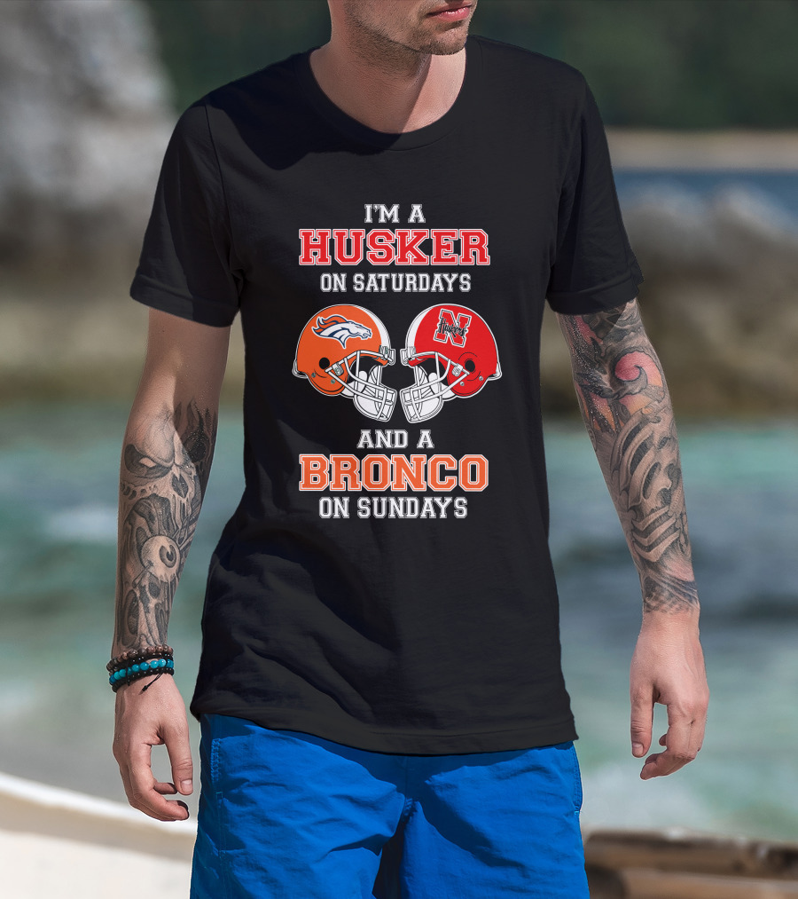 Husker On Saturdays And Bronco On Sundays Football Helmets T-Shirt