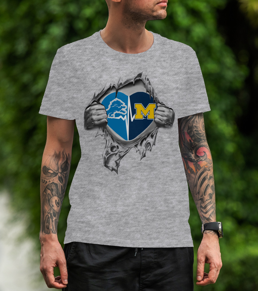 Michigan Wolverines Detroit Lions Heartbeat Logo Fusion T-Shirt