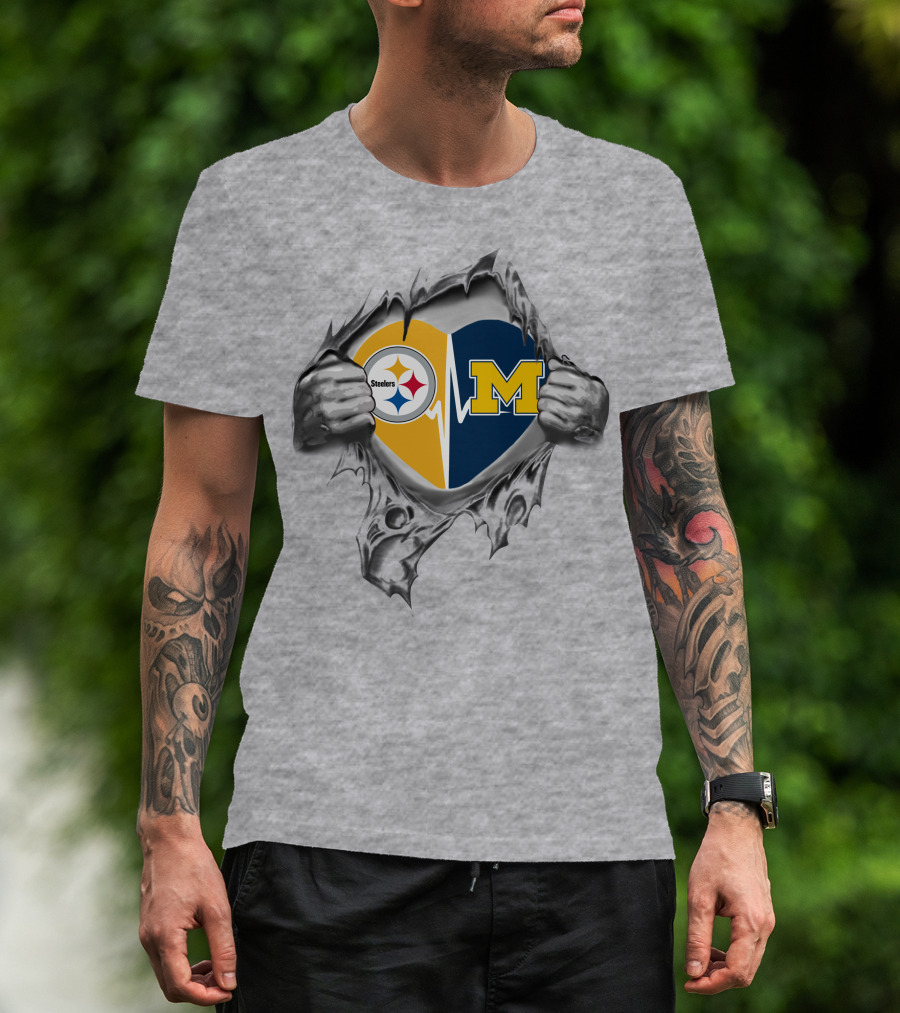 Michigan Wolverines Pittsburgh Steelers Heartbeat Fusion T-Shirt