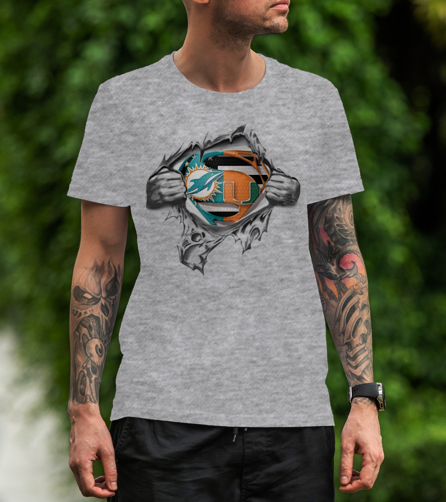 Miami Dolphins Hurricanes Superman Logo Tear Open T-Shirt
