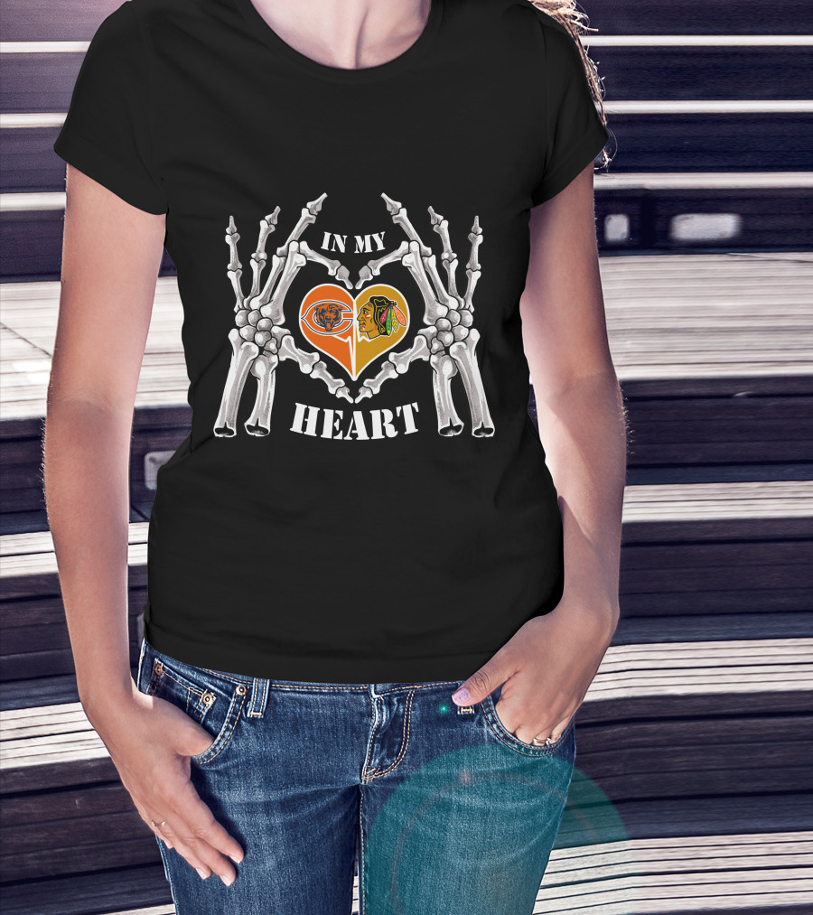 In My Heart Chicago Bears Blackhawks Logos Skeleton Hands T-Shirt