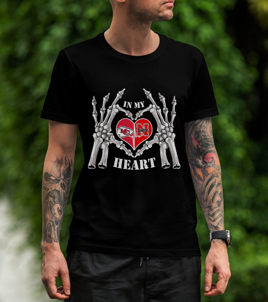 In My Heart Kansas City Chiefs Nebraska Cornhuskers Skeleton Heart T-Shirt