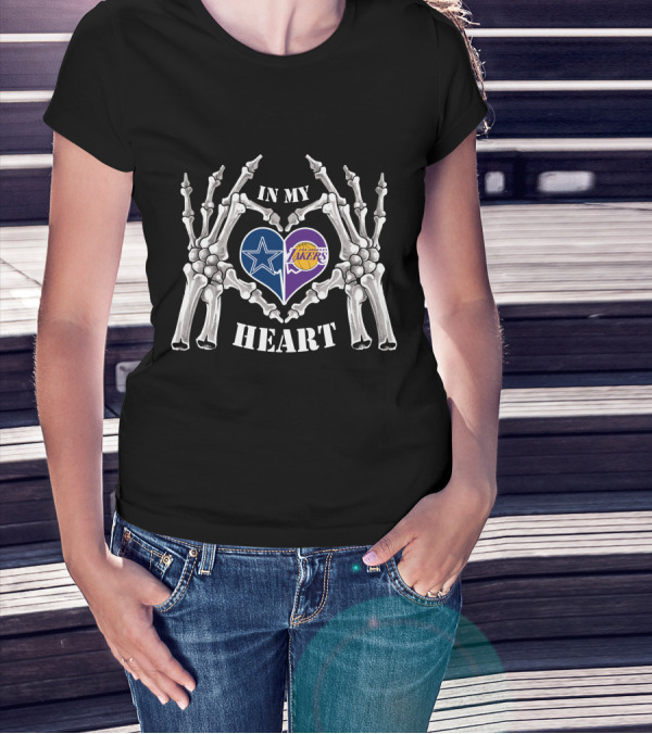 In My Heart Dallas Cowboys Los Angeles Lakers Skeleton Hands Iconic Logos T-Shirt