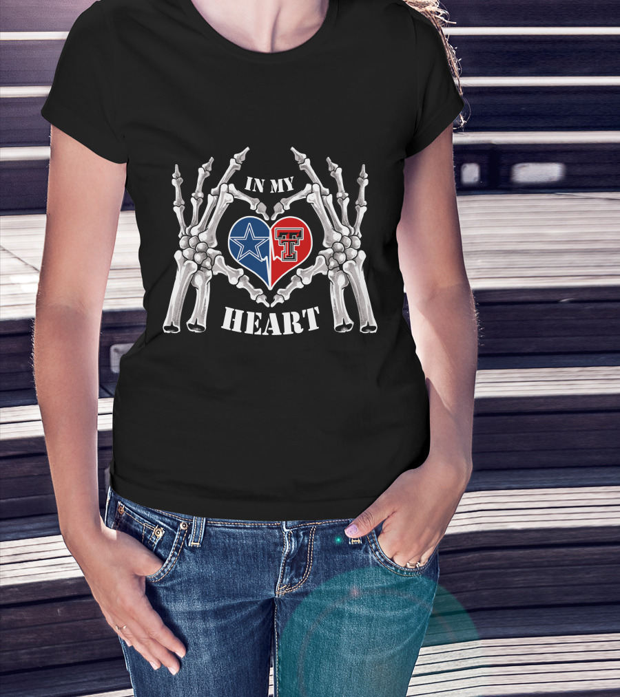 In My Heart Dallas Cowboys Texas Tech Logo Skeleton Hands T-Shirt
