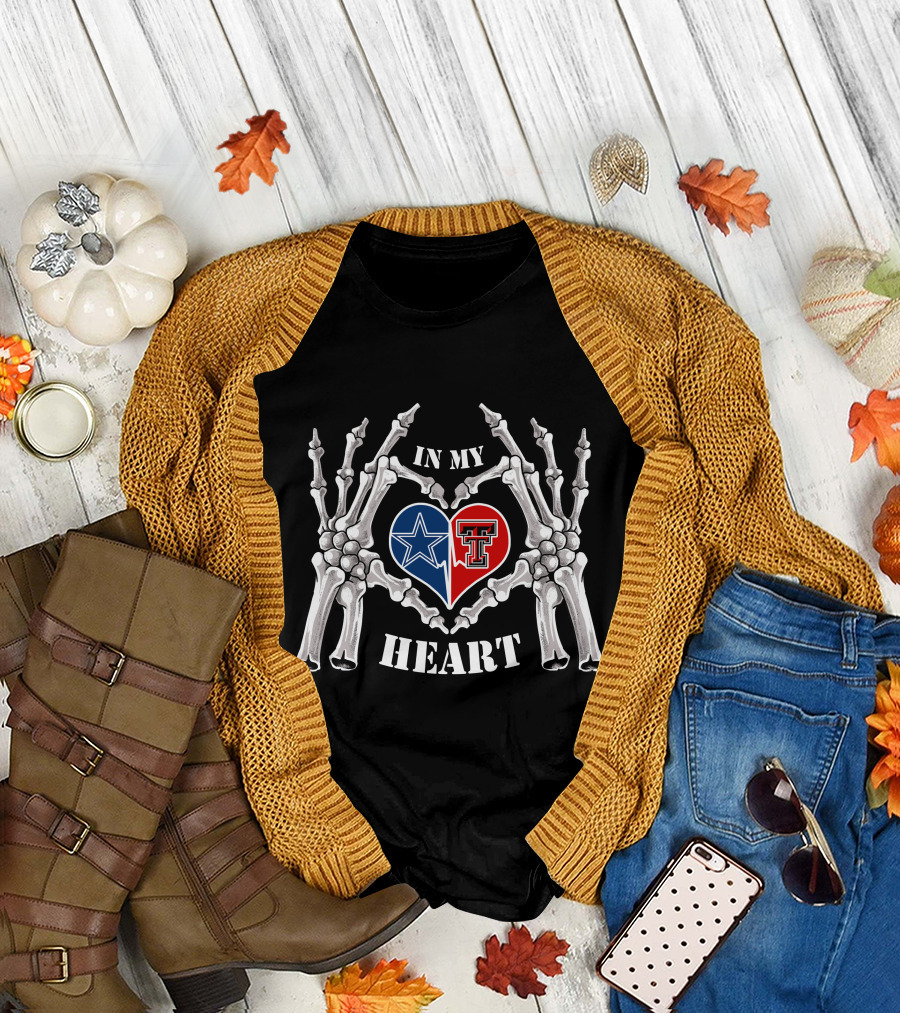 In My Heart Dallas Cowboys Texas Tech Logo Skeleton Hands T-Shirt