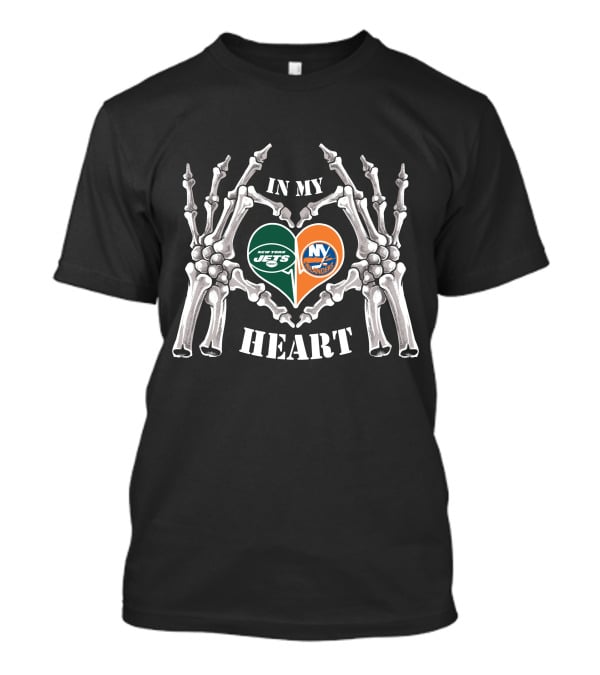 In My Heart New York Jets New York Islanders Skeleton Hands T-Shirt