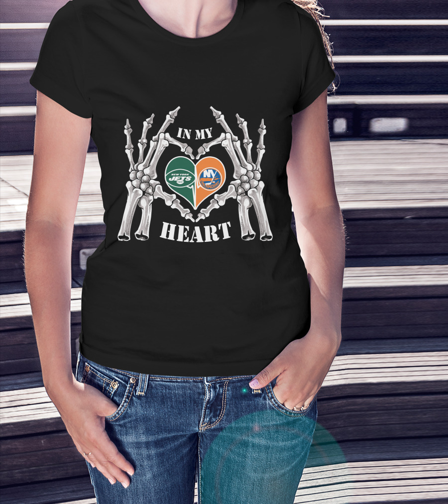 In My Heart New York Jets New York Islanders Skeleton Hands T-Shirt