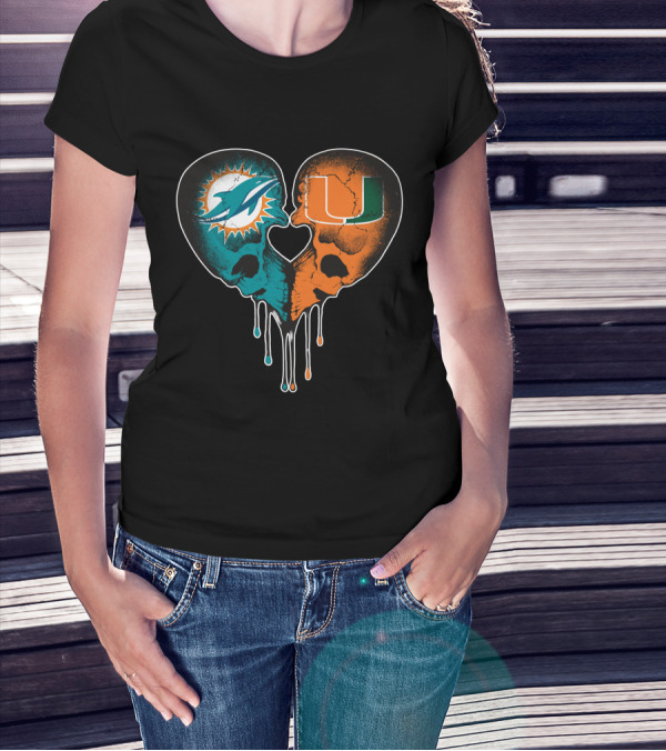 Miami Dolphins Hurricanes Love Heart Skull T-Shirt