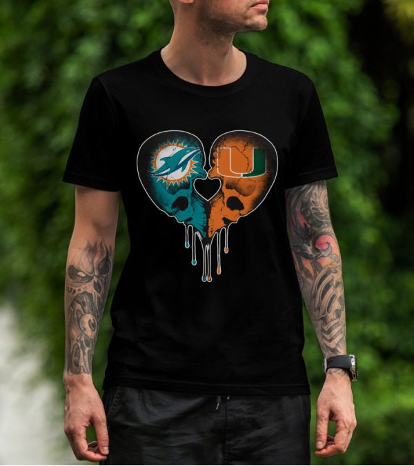 Miami Dolphins Hurricanes Love Heart Skull T-Shirt