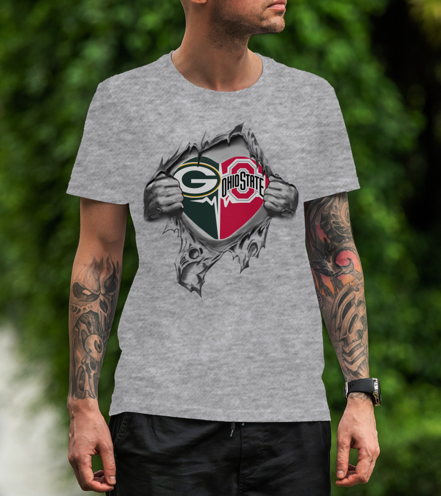 Green Bay Packers Ohio State Buckeyes Heart Design Rip Through T-Shirt