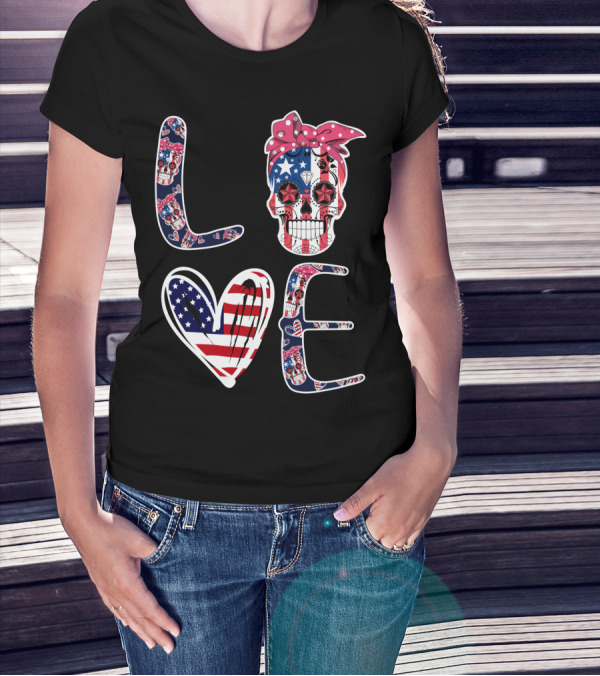 Skull Love American Flag Patriotic Bandana T-Shirt