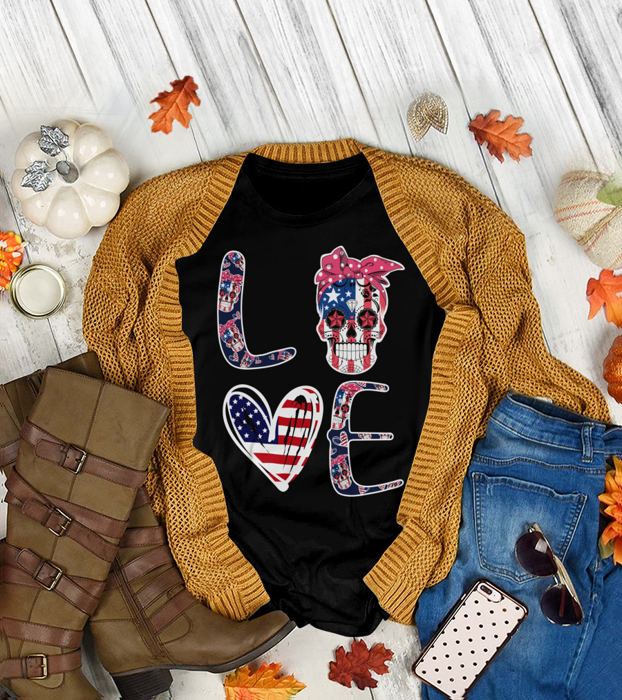 Skull Love American Flag Patriotic Bandana T-Shirt