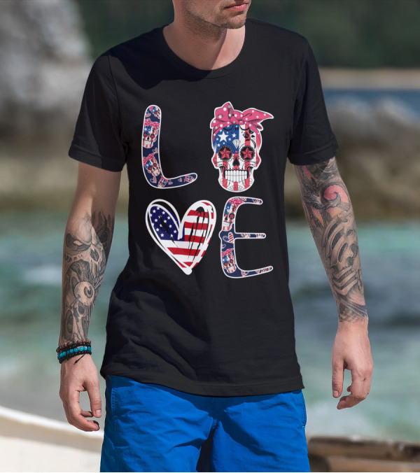 Skull Love American Flag Patriotic Bandana T-Shirt