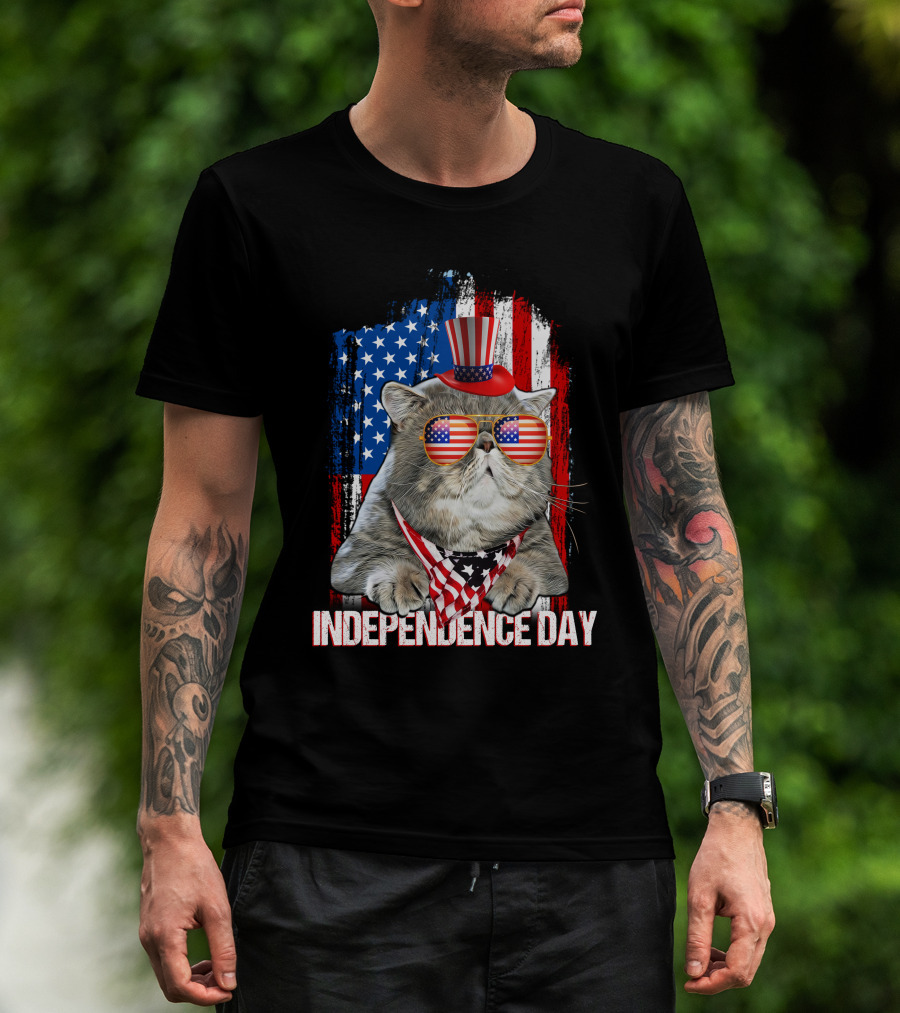 Independence Day Cat With American Flag Glasses And Top Hat T-Shirt