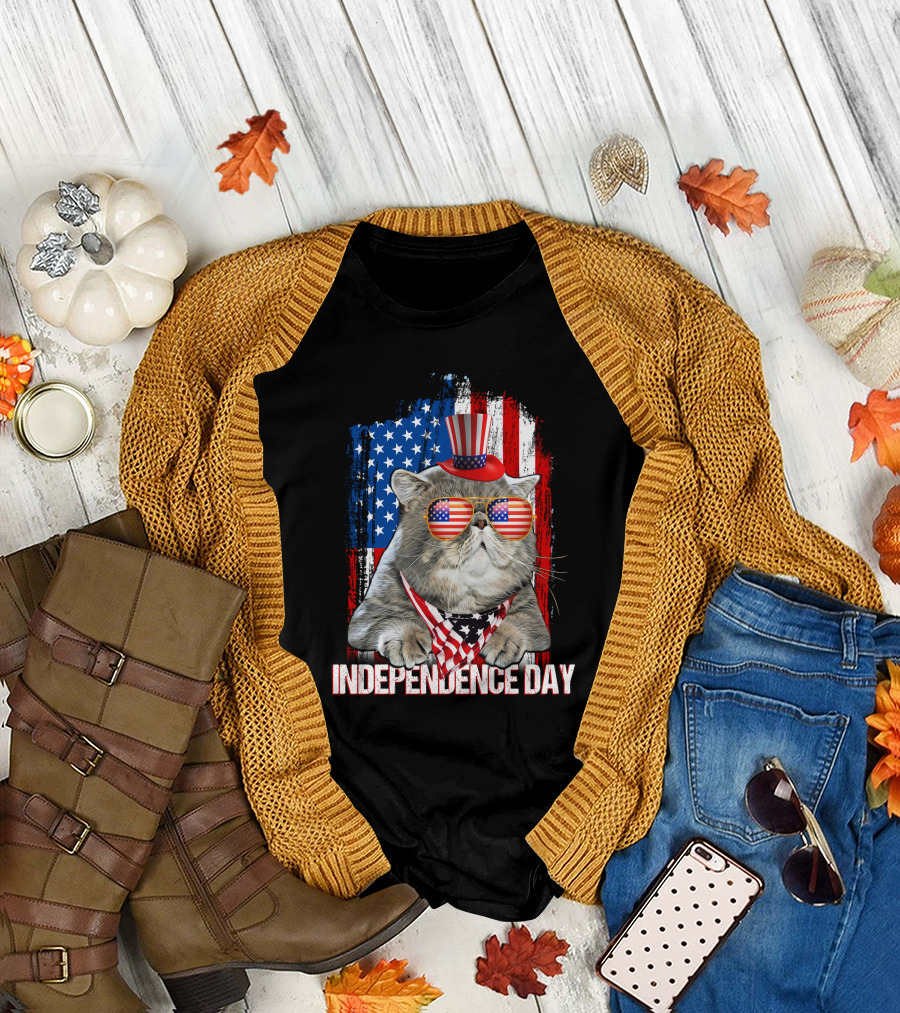 Independence Day Cat With American Flag Glasses And Top Hat T-Shirt