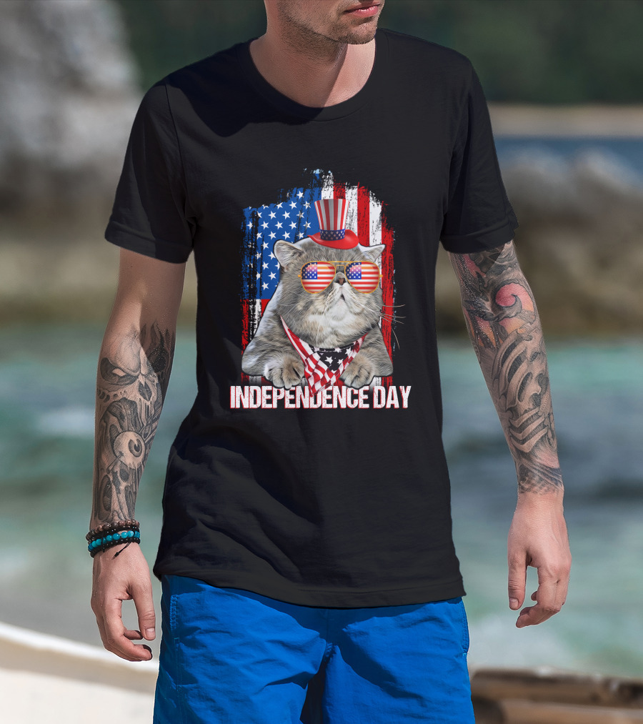 Independence Day Cat With American Flag Glasses And Top Hat T-Shirt