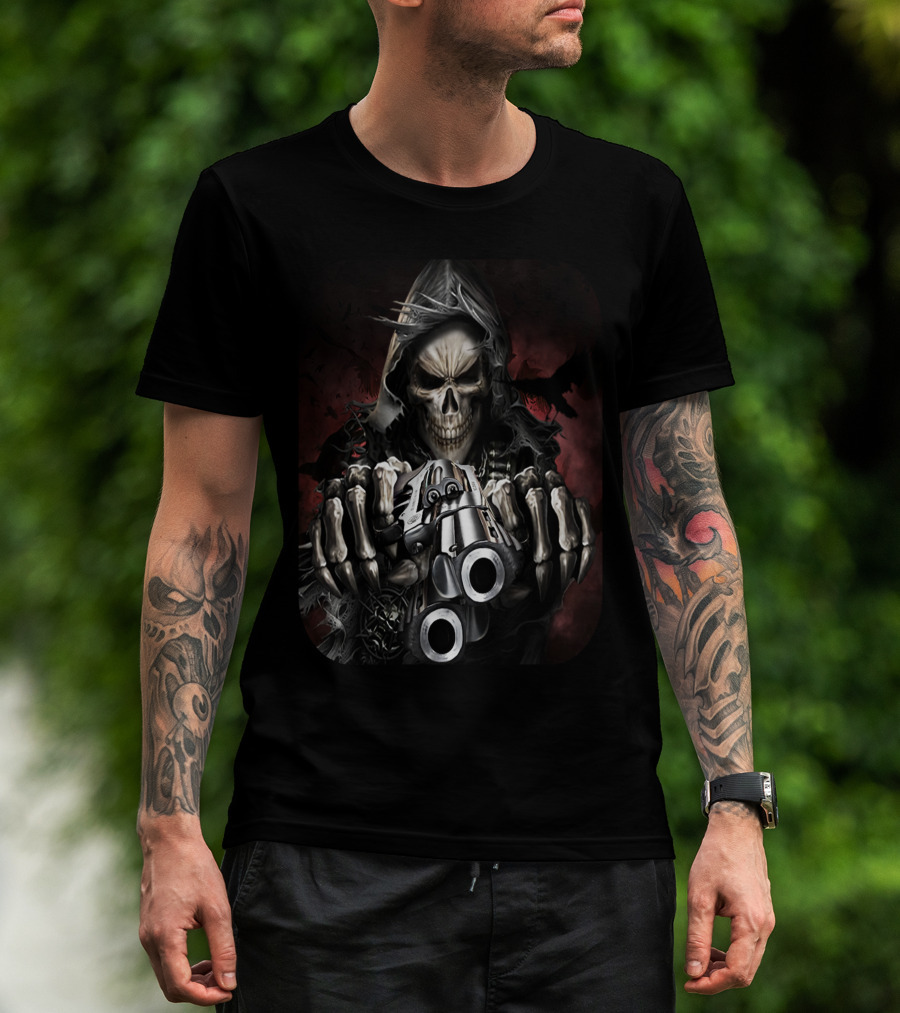 Reaper Skull Hooded Cloaked Figure With Dual Guns T-Shirt
